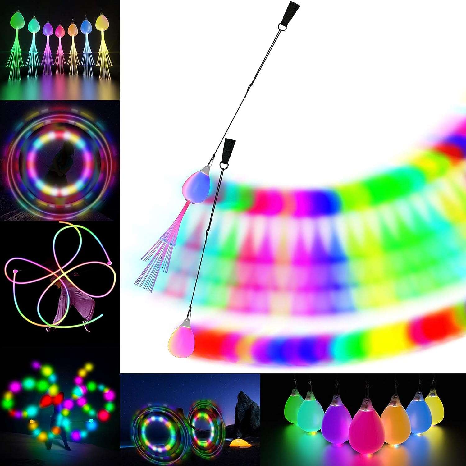 Papi Dada Boules Poi LED à Fibre Optique - Rechargeables USB- Kit Poi Lumineux- 1 Paire de Poi Bolas Lumineuses pour Débutants et Professionnels