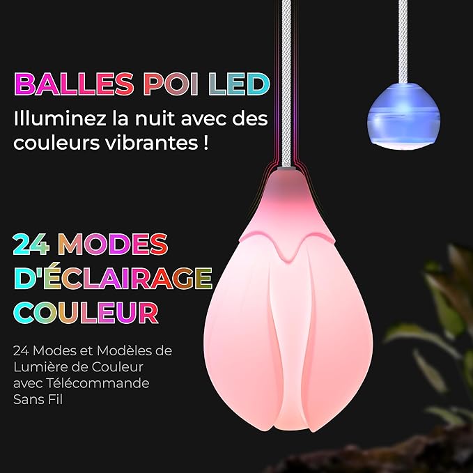 Paire de bolas Poi Lumineux rechargables USB et télécommande + poingées lumineuses