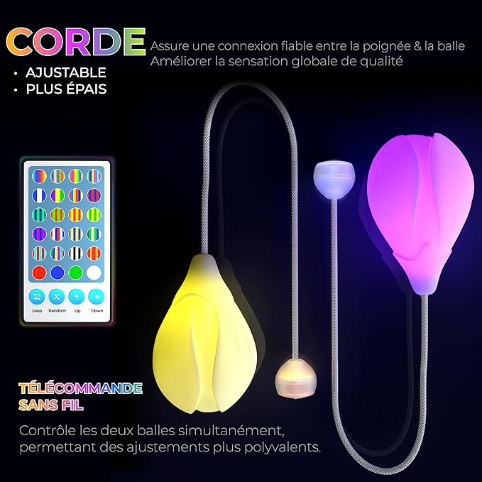 Paire de bolas Poi Lumineux rechargables USB et télécommande + poingées lumineuses