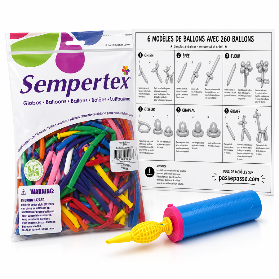 Kit de iniciación al modelado de globos Sempertex — 100 globos 260 + bomba + instrucciones