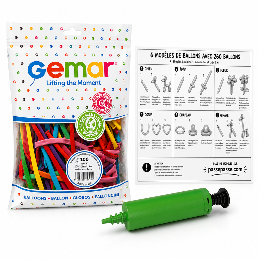 Kit de iniciación de escultura con globos Gemar — 100 globos 260 + bomba + instrucciones