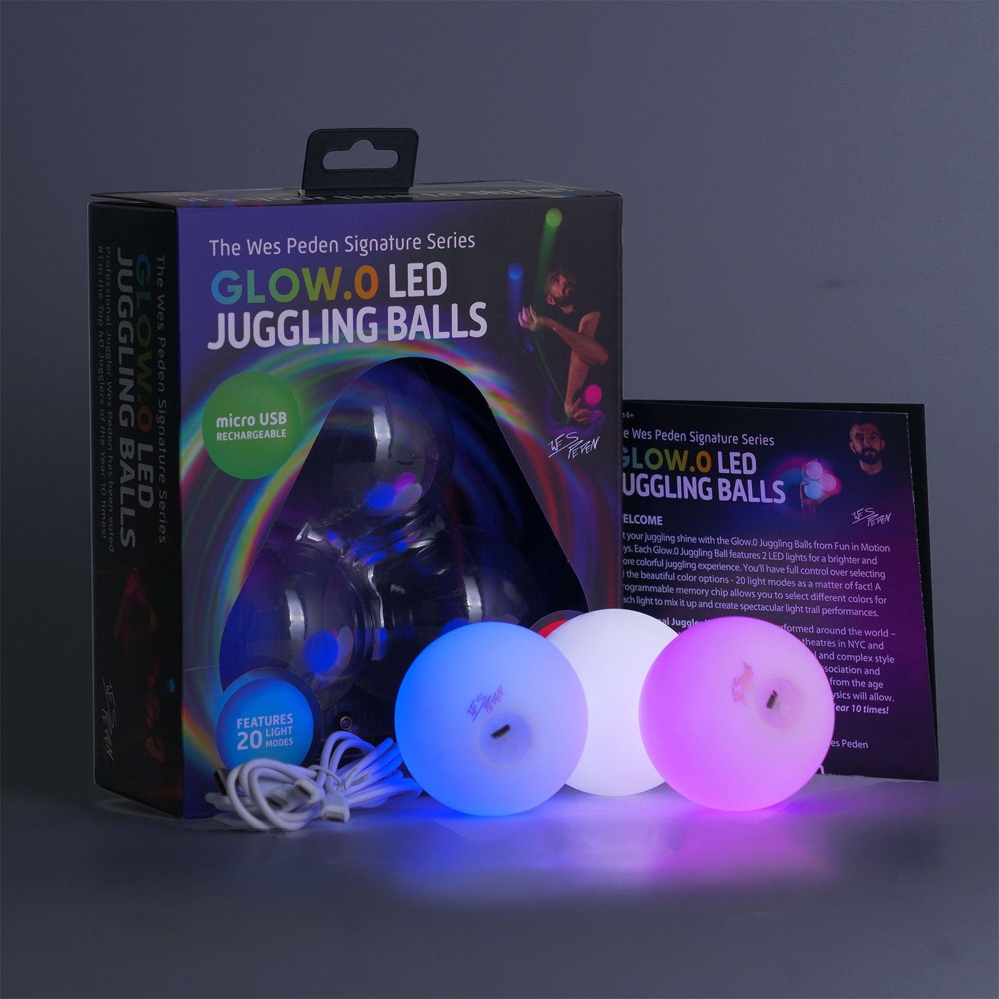 KIT 3 BALLES DE JONGLAGE LUMINEUSE À LEDS GLOW.O SIGNÉE WES PEDEN