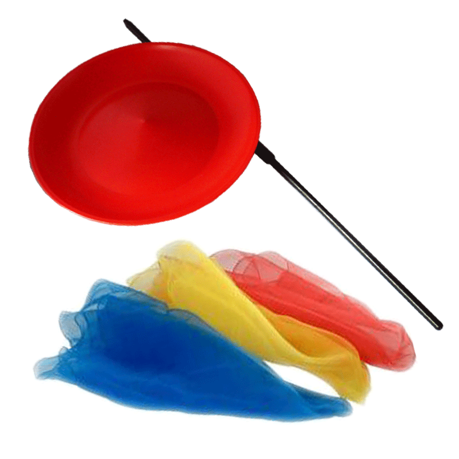 Kit de jonglerie Assiette tournante avec baguette en plastique et 3 Foulards à jongler. Coloris aléatoire