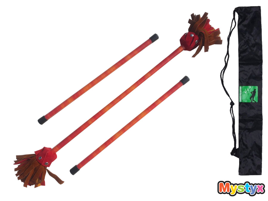 MyKidStyx Devil's Stick / Flower Stick (3 to 7 years) in Silicone and Leather - Yellow and Red Whispers Pattern - Complete Kit