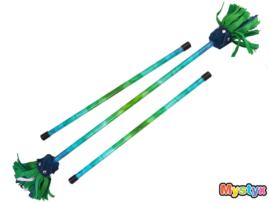 MyStyx bâton du diable / bâton fleur en silicone et cuir - Motif Carrés Bleus Verts - Kit complet