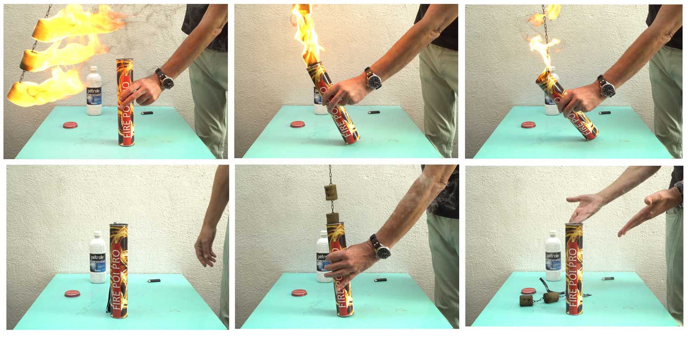 Paire de Bolas de feu pro Double + Extincteur - Mèches Kevlar 4 x 5cmx75cm - Double Poignées - Emerillon à roulement - maillon rapide - chaîne soudée