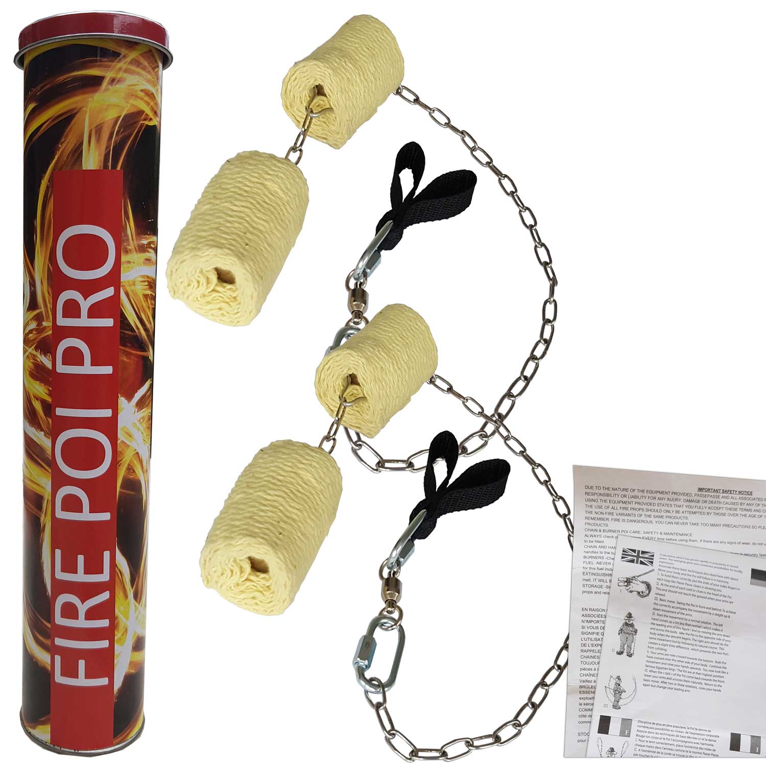 Paire de Bolas de feu pro Double + Extincteur - Mèches Kevlar 4 x 5cmx75cm - Double Poignées - Emerillon à roulement - maillon rapide - chaîne soudée - vue 1
