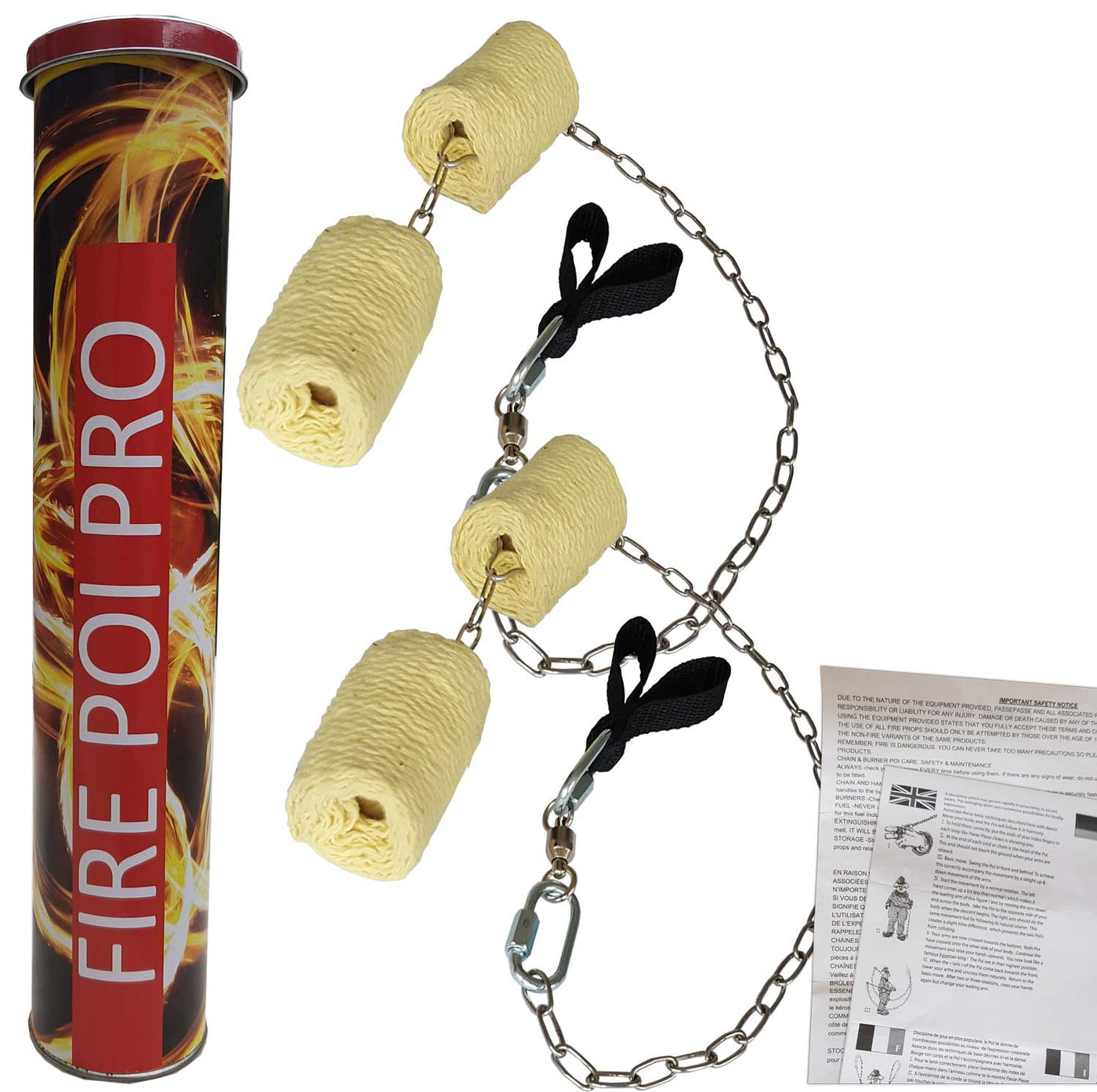 Paire de Bolas de feu pro Double + Extincteur - Mèches Kevlar 4 x 5cmx75cm - Double Poignées - Emerillon à roulement - maillon rapide - chaîne soudée