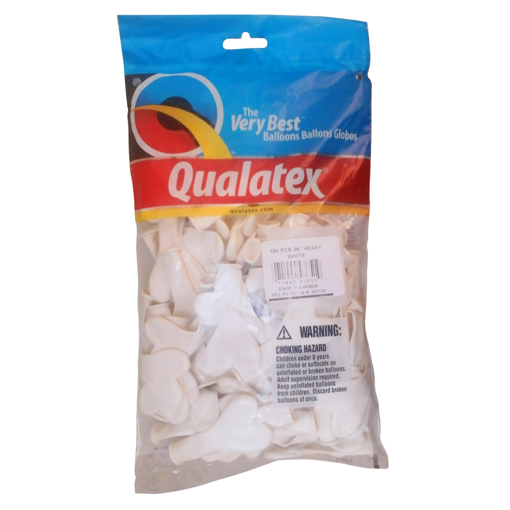 QUALATEX WHITE HEARTS 6'' WHITE HEARTS 15cm Bag of 100