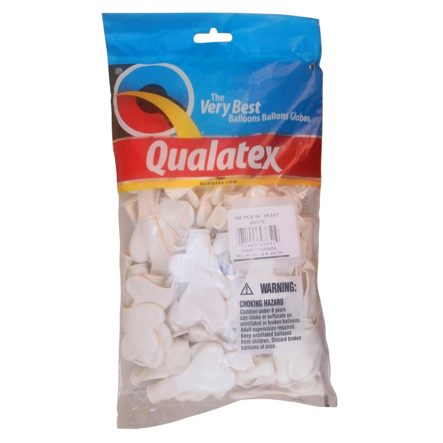 QUALATEX WHITE HEARTS 6'' WHITE HEARTS 15cm Bag of 100